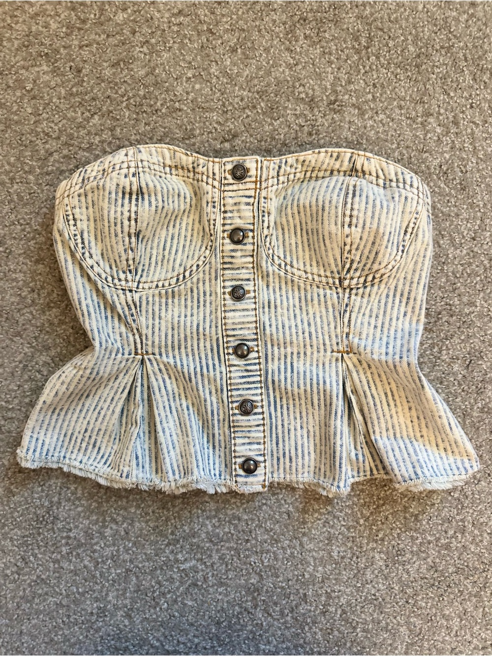 Pilcro Anthropologie Striped Denim Button-Front Corset Top in Light Blue & Cream